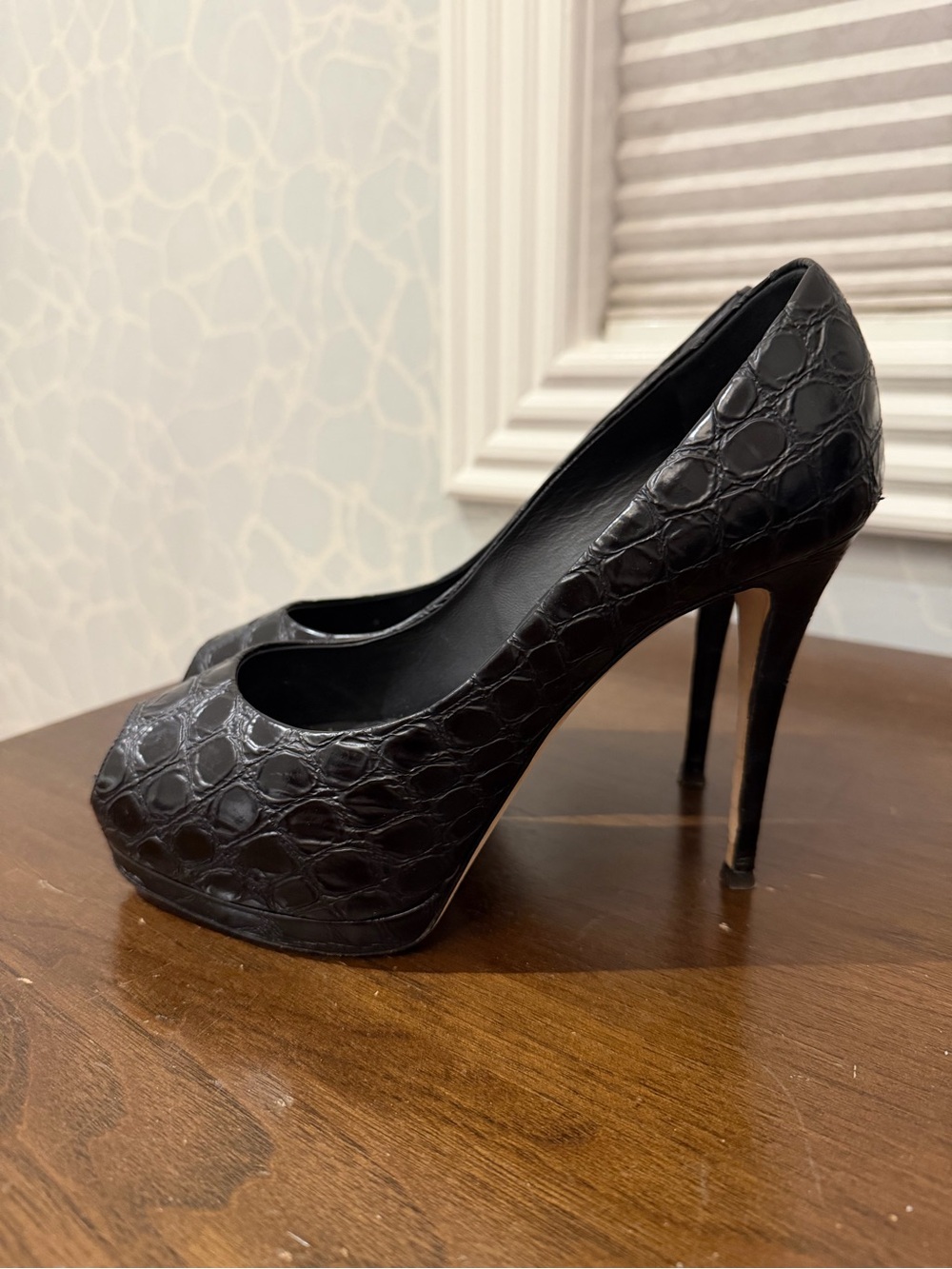 Giuseppe Zanotti Black Croc-Embossed Peep-Toe Stiletto Pumps